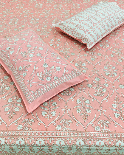 Amod peach floral pure cotton bedsheet – pillow cover detail