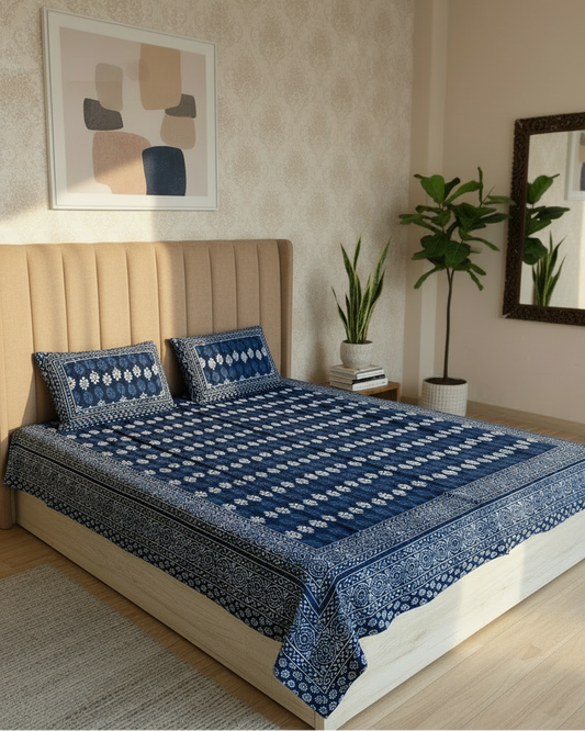 Blue and white patterned bedspread on a bed with matching pillows.