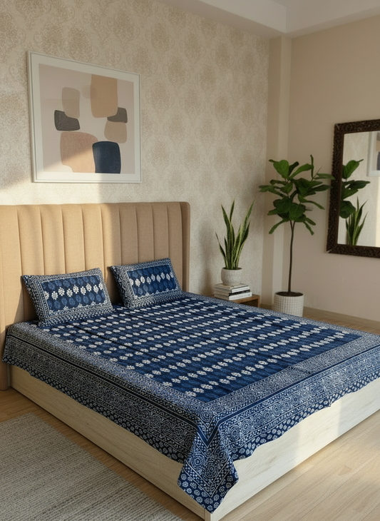 Blue and white patterned bedspread on a bed with matching pillows.