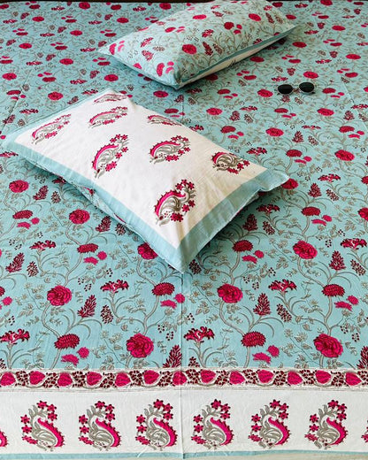 Anvita blue floral pure cotton bedsheet – fabric close-up