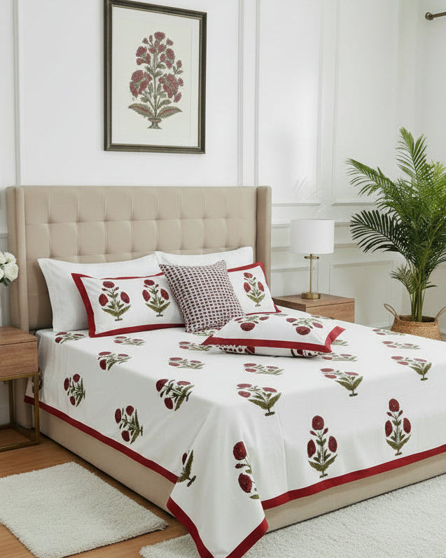 Bedroom with floral bedspread, pillows, and a plant.