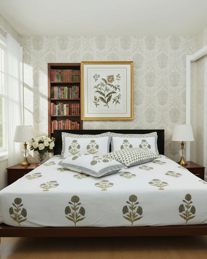 Arunima grey floral pure cotton bedsheet – styled on a bed