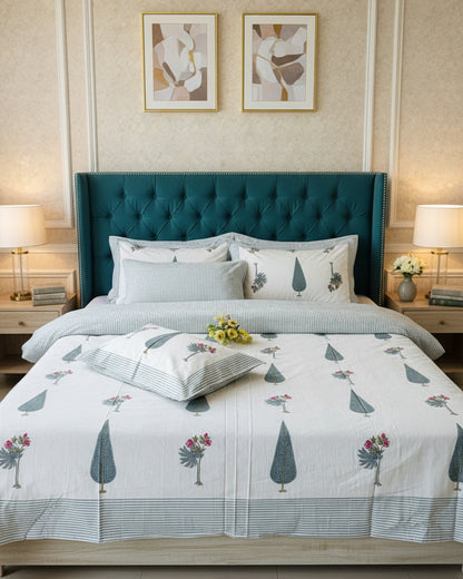 Bagh blue floral pure cotton bedsheet – styled on a bed