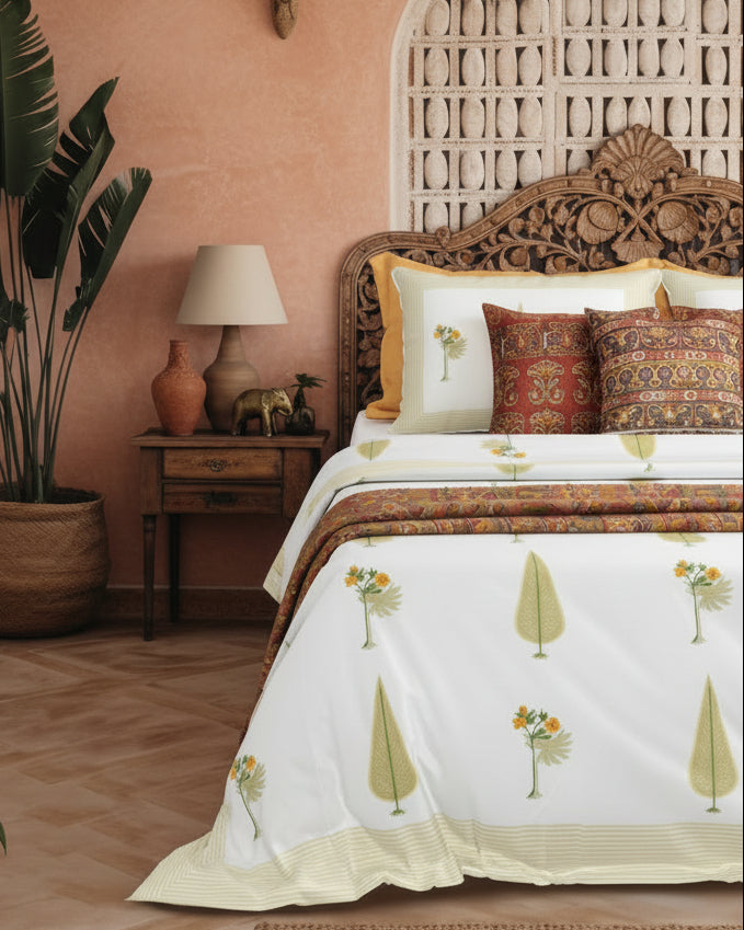 Bagh yellow floral pure cotton bedsheet – styled on a bed