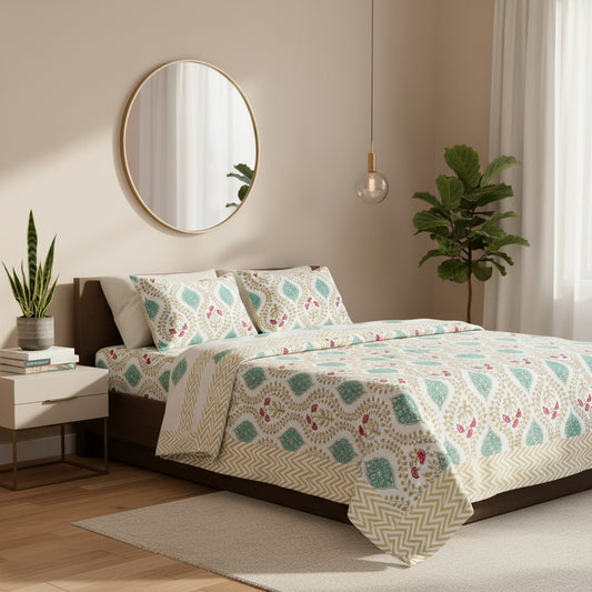 Floral patterned bedsheet with a chevron border on a bed in yellow, green and magenta