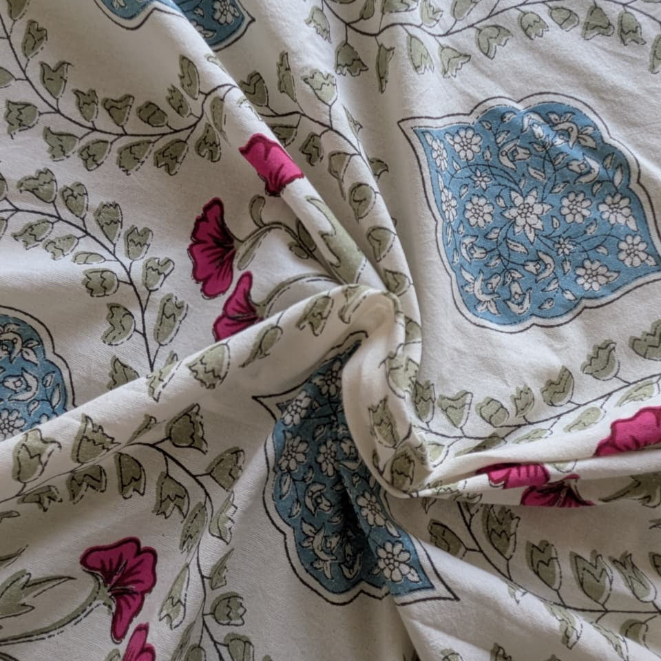 Close-up of patterned fabric with floral and geometric designs.