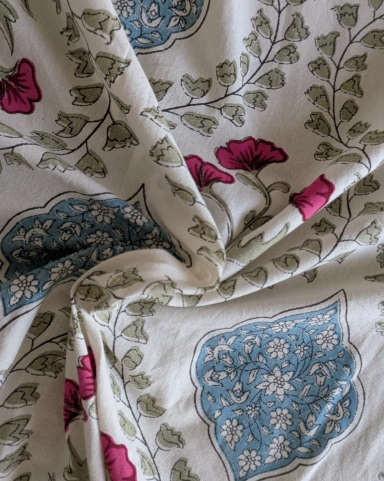 Close-up of patterned fabric with floral and geometric designs.