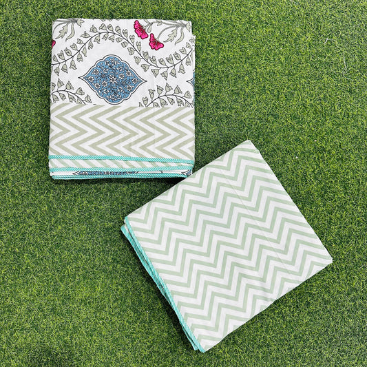 Magenta and olive floral vine reversible mulmul cotton dohar with a sage chevron border and teal trim