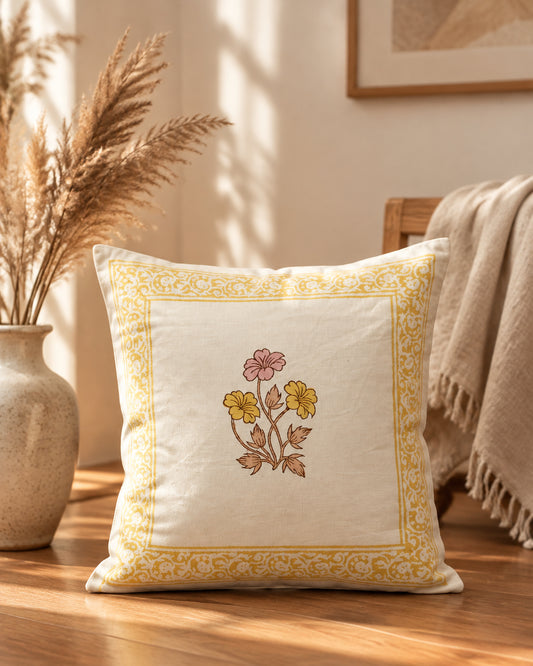 Basanti yellow Hand Block Canvas cotton cushion cover – product view