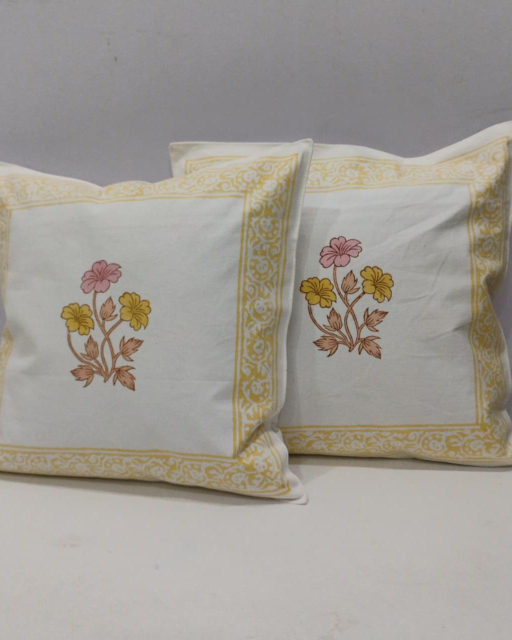 Basanti yellow Hand Block Canvas cotton cushion cover – front view