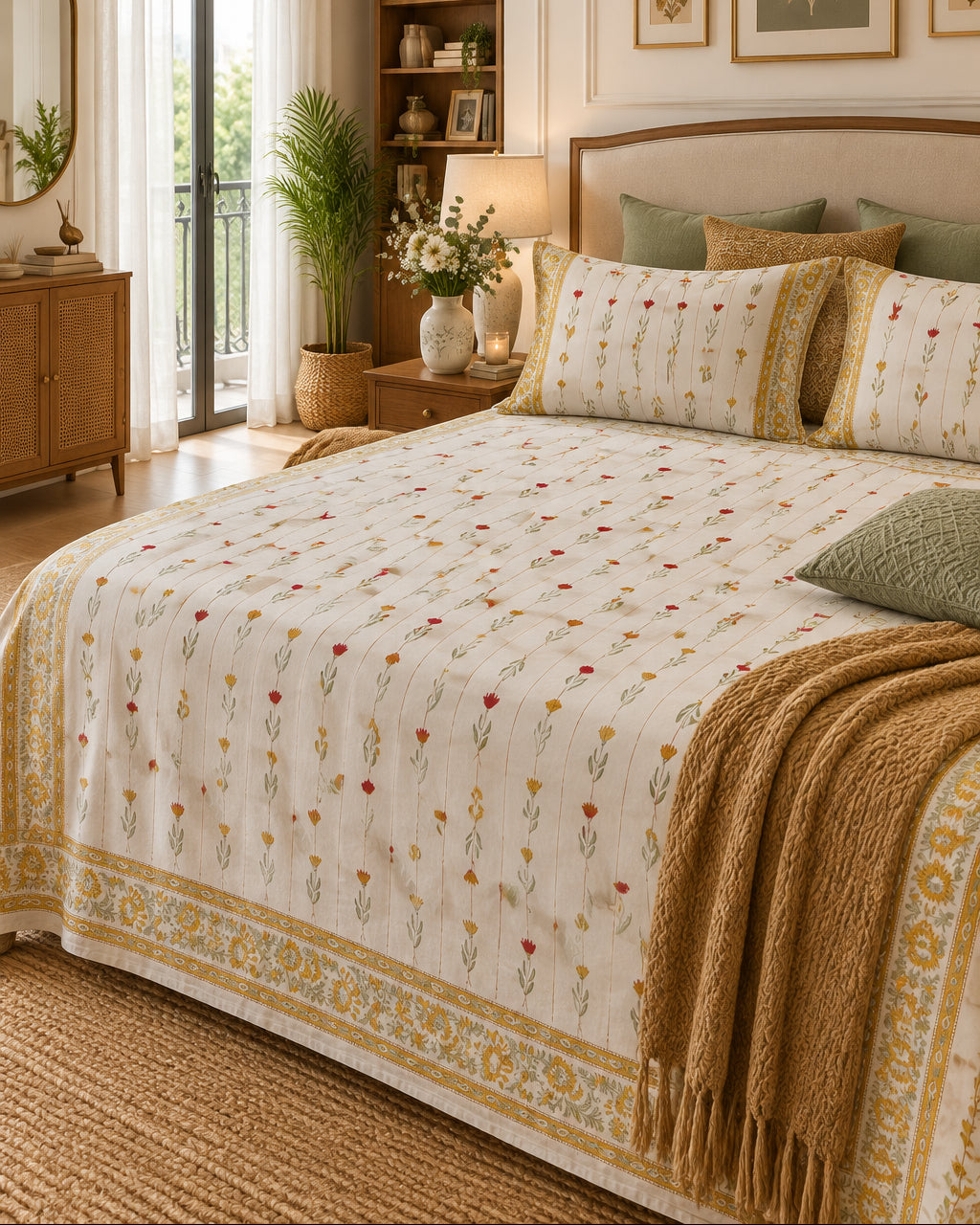 Basanti - Percale Cotton Bedsheet | Hand Block