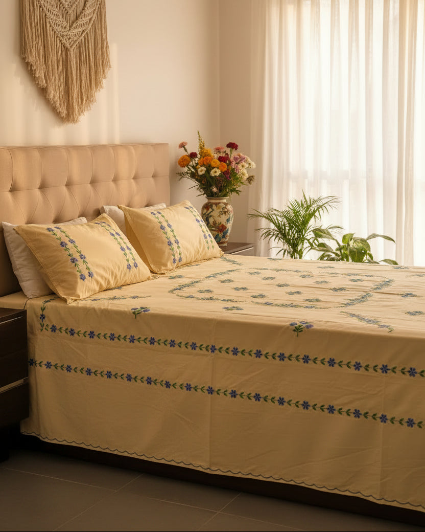 Resham - Soft Fine Cotton Bedsheet | Hand Embroidered