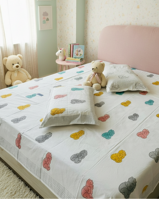 Bhalu hand block Soft Fine Cotton kids bedsheet – styled view