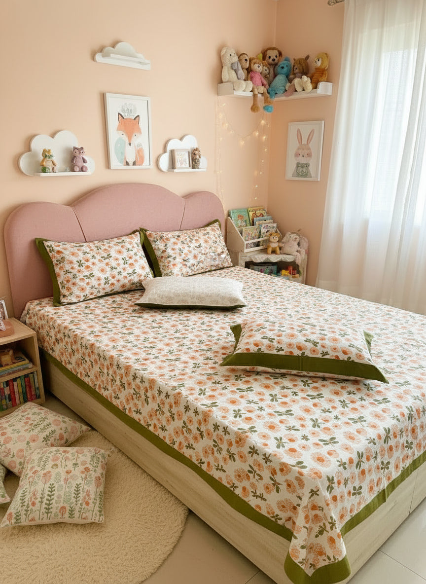 Bed with floral bedspread and green border in a kids room