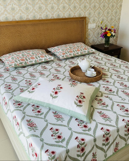 Bougainvillea red floral pure cotton bedsheet – front view