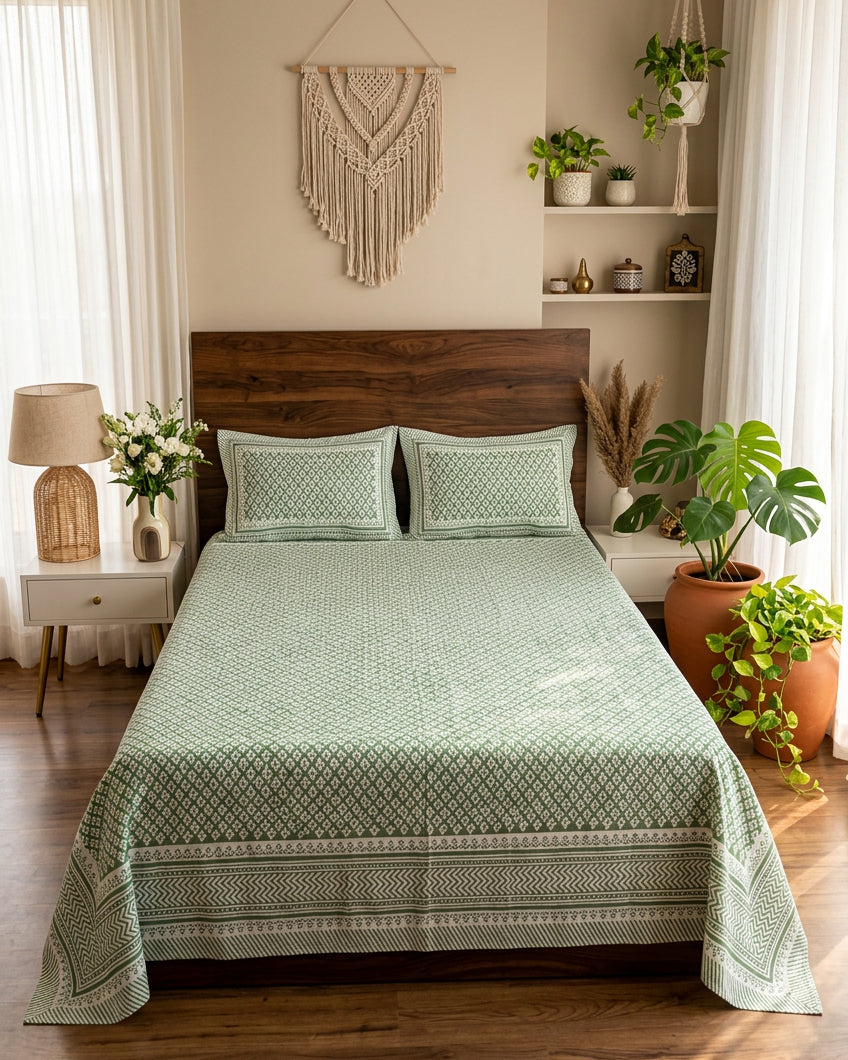 Booti Green bedsheet, sage-green lattice with tiny white booti, on a bed with a wood headboard with macramé