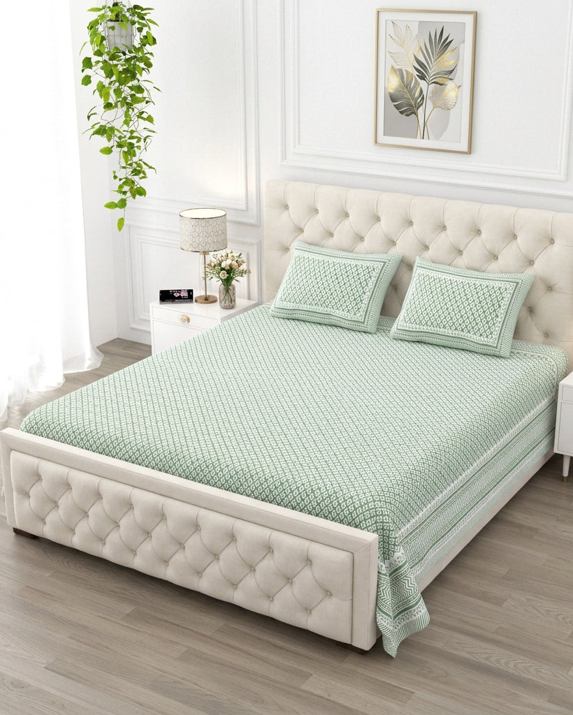 Booti Green bedsheet, sage-green lattice with tiny white booti, on a tufted ivory bed