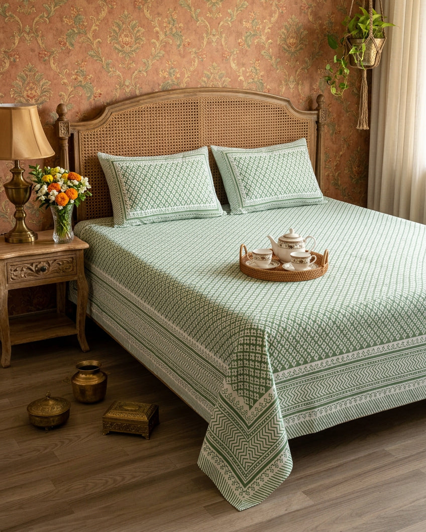 Booti Green bedsheet, sage-green lattice with tiny white booti, on a bed with a cane headboard and a tea tray