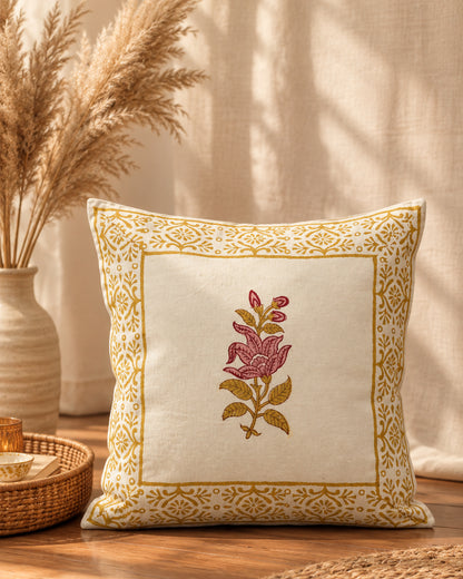 Bougainvillea yellow Hand Block Canvas cotton cushion cover – product view