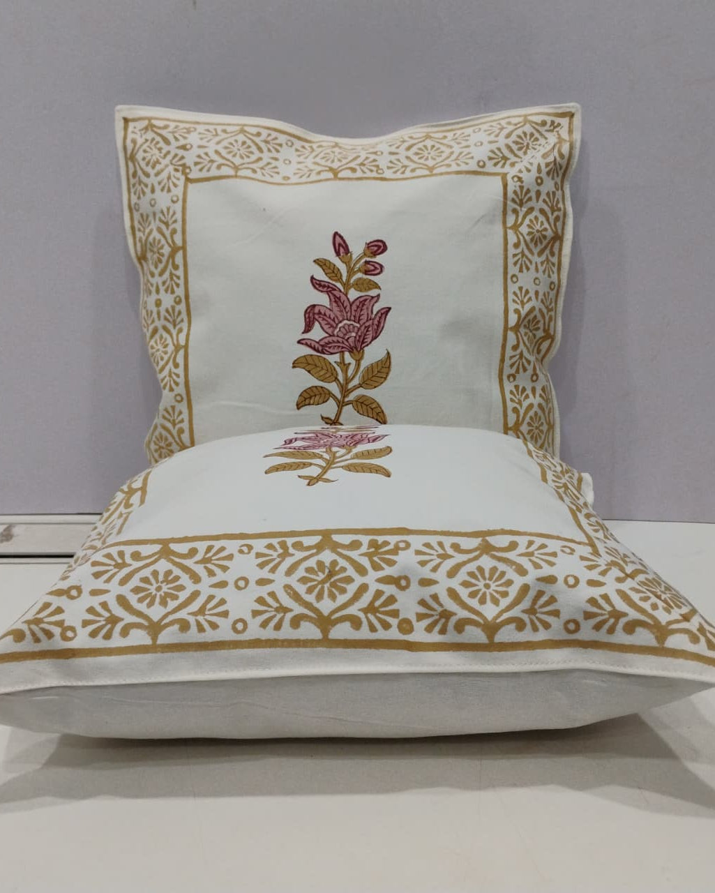 Bougainvillea yellow Hand Block Canvas cotton cushion cover – fabric close-up