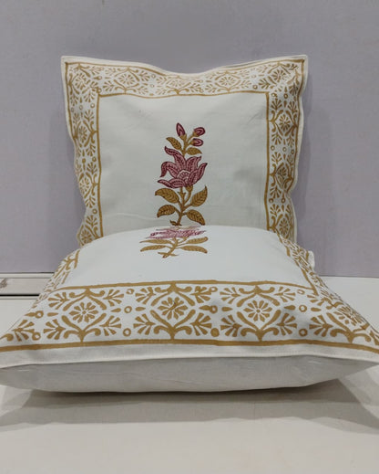 Bougainvillea yellow Hand Block Canvas cotton cushion cover – fabric close-up
