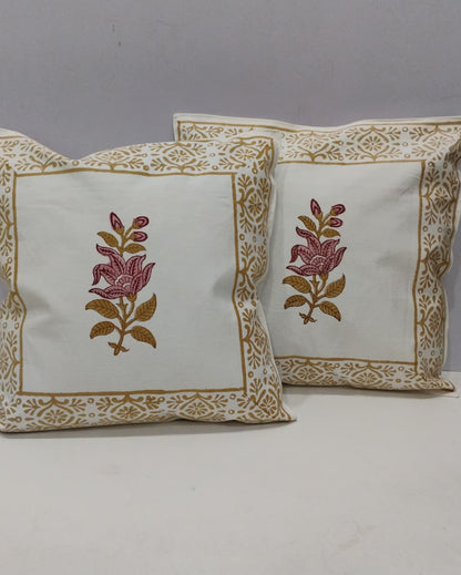 Bougainvillea yellow Hand Block Canvas cotton cushion cover – front view