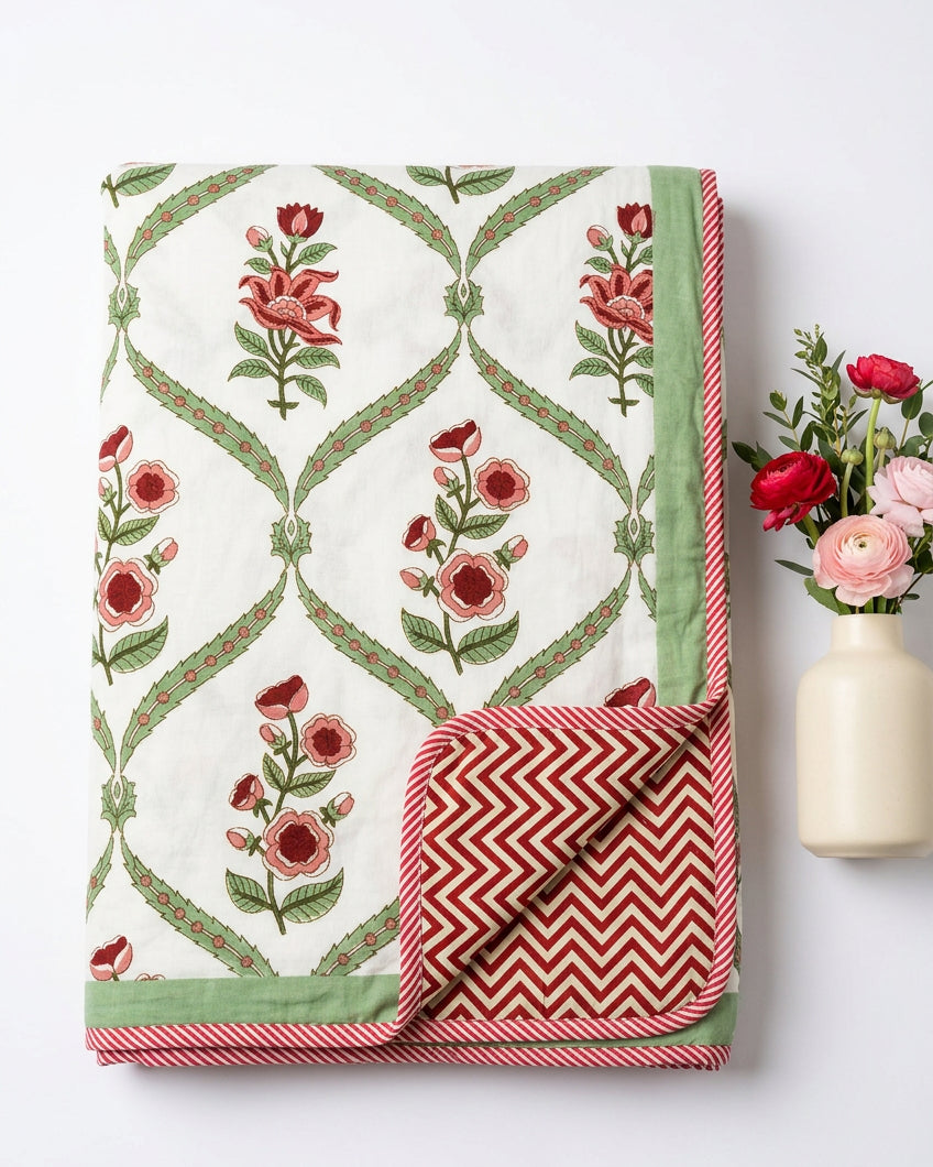 Bougainvillea red floral reversible mulmul cotton dohar – fabric close-up