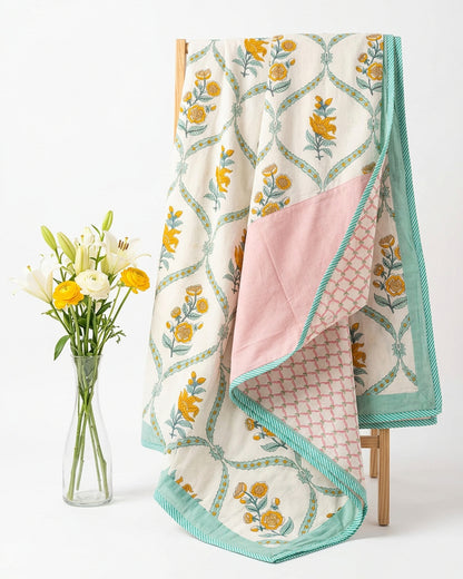 Bougainvillea yellow floral reversible mulmul cotton dohar – alternate view