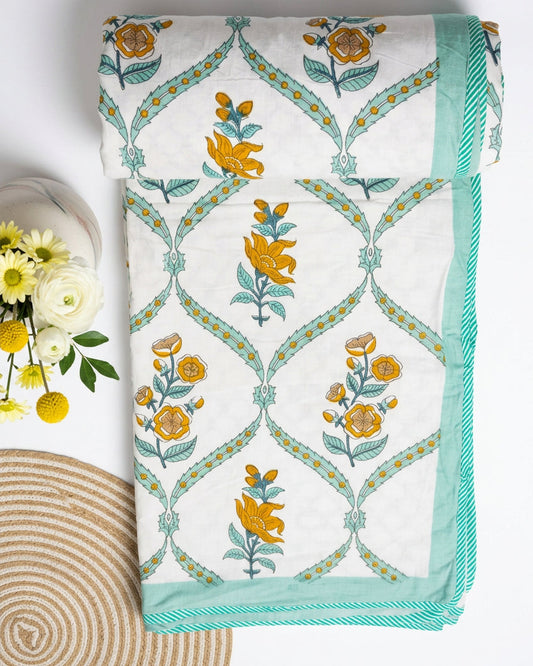 Bougainvillea - Reversible Cotton Mulmul Dohar | Yellow