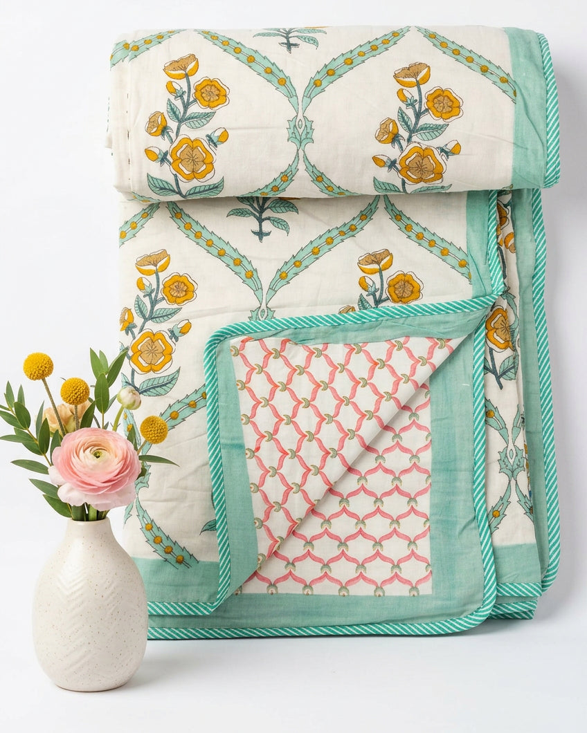 Bougainvillea yellow floral reversible mulmul cotton dohar – fabric close-up