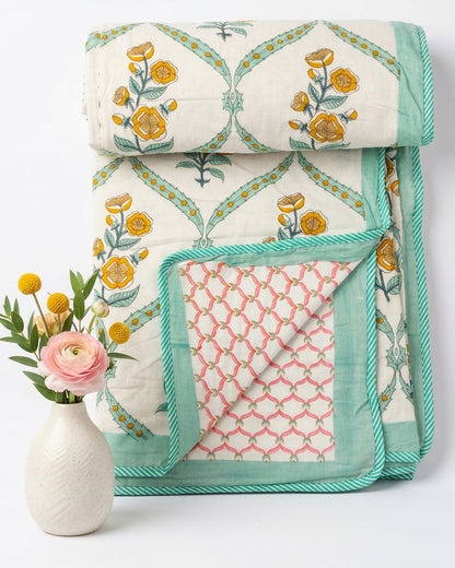 Bougainvillea yellow floral reversible mulmul cotton dohar – fabric close-up