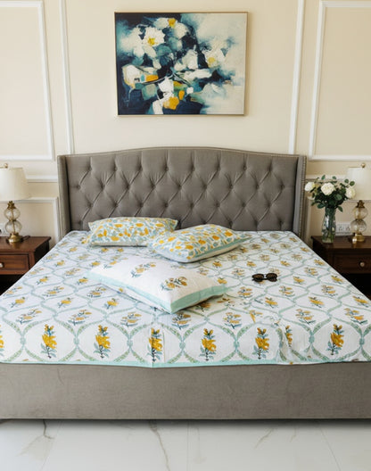 Bougainvillea yellow floral pure cotton bedsheet – front view