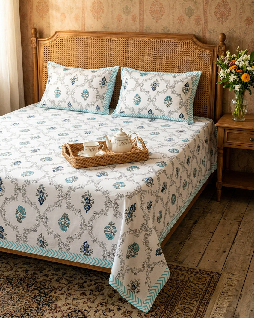 Chameli Blue bedsheet, grey trellis jaal on white with aqua bloom booti, on a bed with a cane headboard and a tea tray