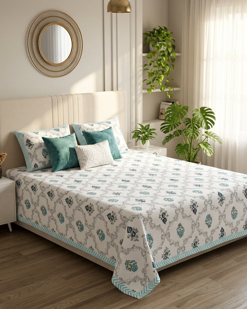 Chameli Blue bedsheet, grey trellis jaal on white with aqua bloom booti, on a bed with a cream headboard with teal cushions