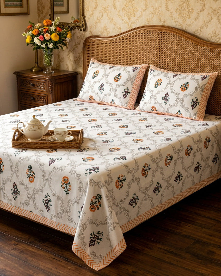 Chameli Orange bedsheet, grey trellis jaal on white with orange bloom booti, on a bed with a cane headboard and a tea tray