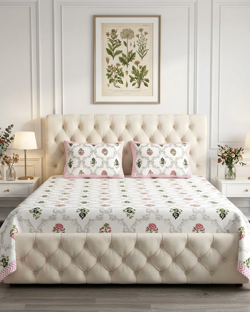 Chameli Pink bedsheet, grey trellis jaal on white with pink bloom booti, on a tufted ivory bed