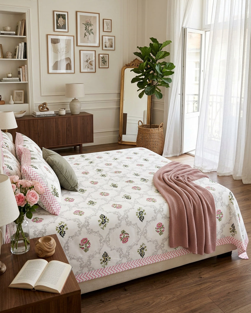 Chameli Pink bedsheet, grey trellis jaal on white with pink bloom booti, in a bedroom with a pink knit throw