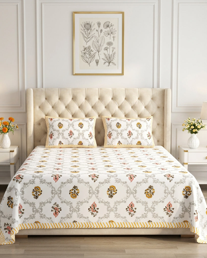 Chameli Yellow bedsheet, grey trellis jaal on white with mustard roundel bloom booti, on a bed with a tufted wingback headboard