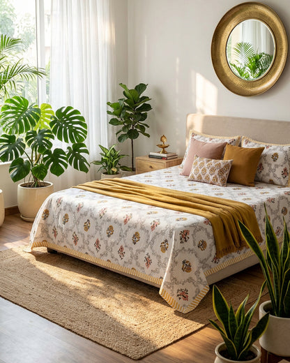 Chameli Yellow bedsheet, grey trellis jaal on white with mustard roundel bloom booti, on a bed with a cream headboard with a mustard throw and plants
