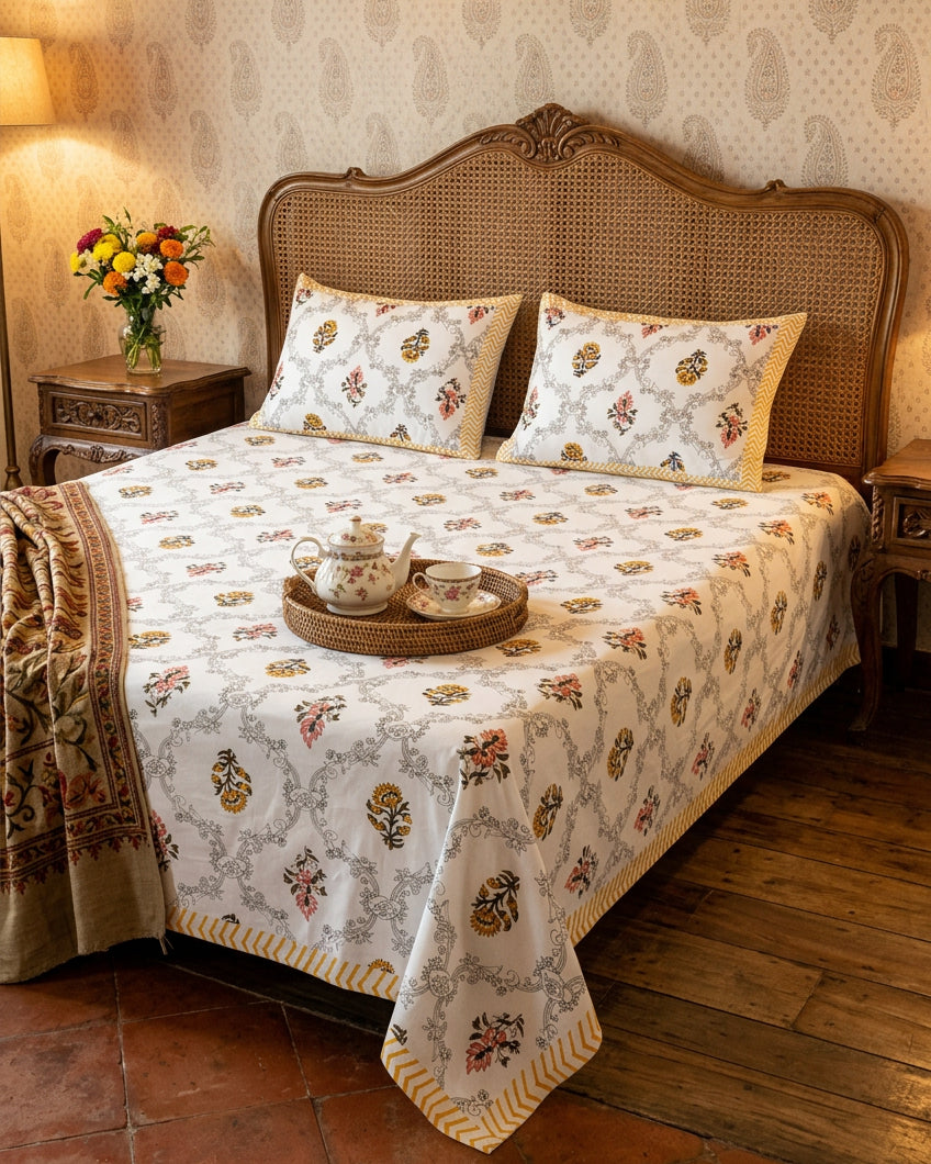 Chameli Yellow bedsheet, grey trellis jaal on white with mustard roundel bloom booti, on a bed with a cane headboard and a tea tray