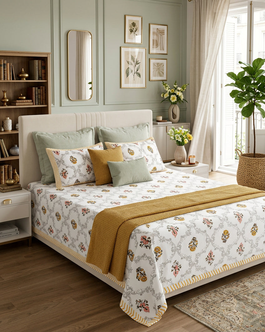 Chameli Yellow bedsheet, grey trellis jaal on white with mustard roundel bloom booti, in a bedroom with a mustard throw and sage cushions