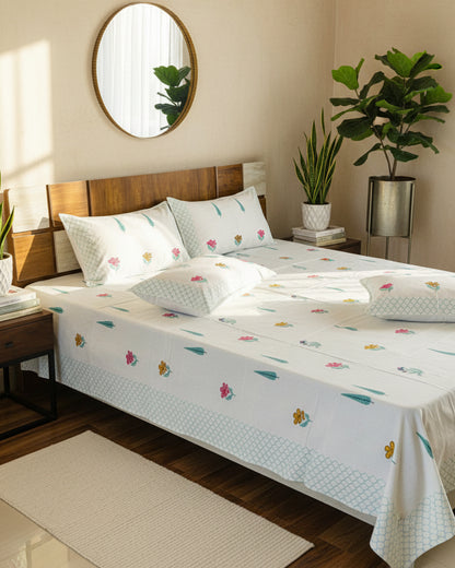 Champa teal buti pure cotton bedsheet – front view