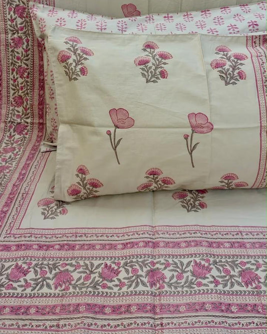 Charu hand block Percale Cotton bedsheet with pink poppy buta on ivory and a pink and green floral border