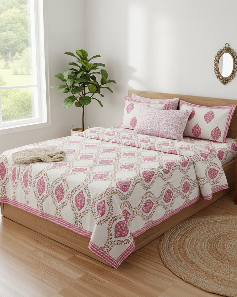 Bedroom with a bed covered in a pink and white patterned bedsheet and matching reversible pillows.