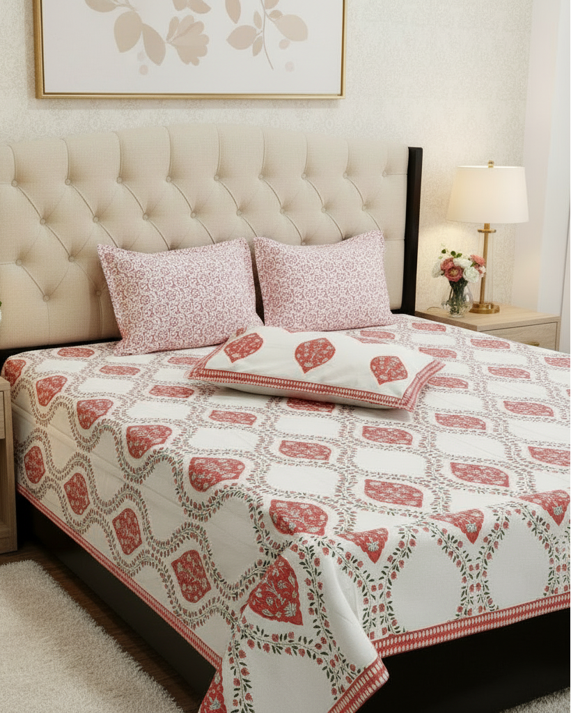 Bedroom with a bed featuring a red and white patterned bedsheet, flanked by nightstands with lamps and floral arrangements.