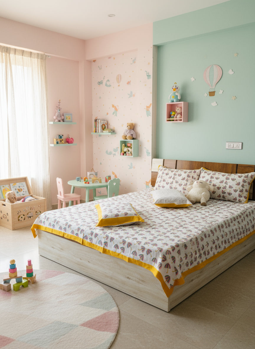 Bed with a patterned duvet and pillows in a room with wooden headboard.