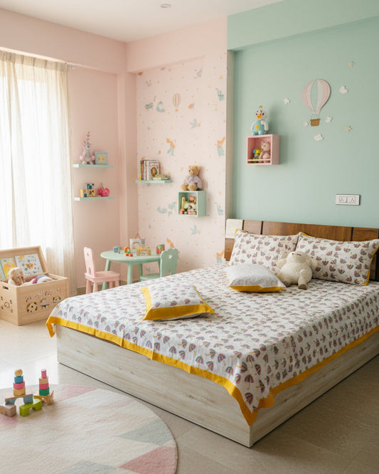 Bed with a patterned duvet and pillows in a room with wooden headboard.