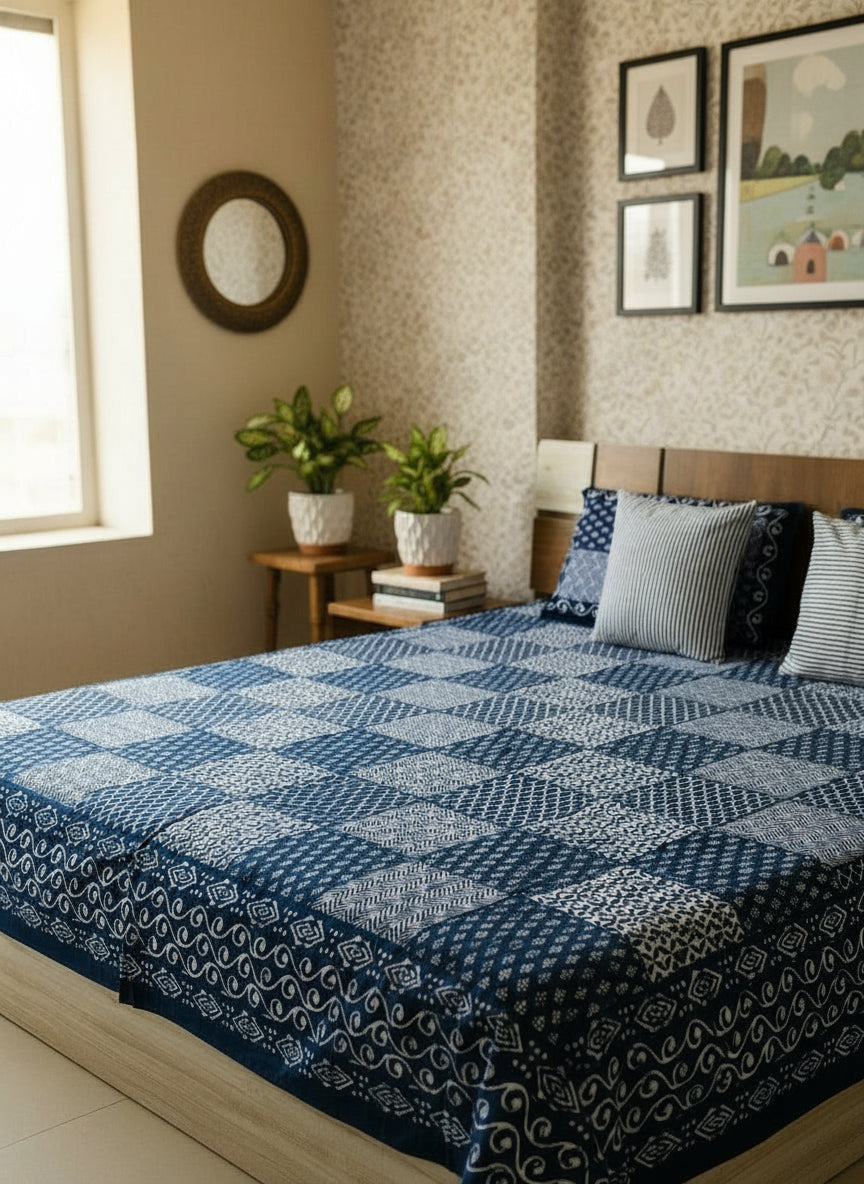 Blue and white patterned bedspread on a bed with matching pillows.