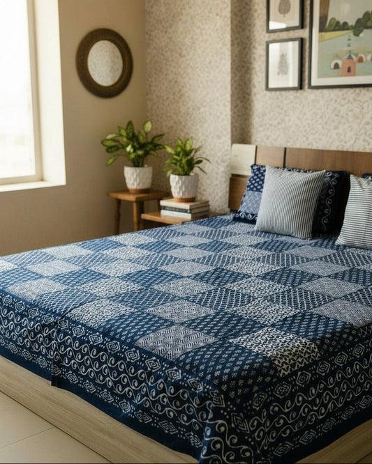 Blue and white patterned bedspread on a bed with matching pillows.