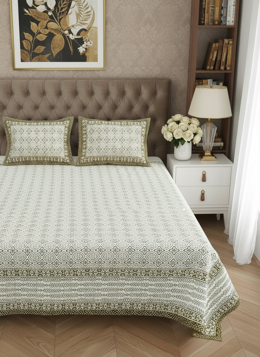 Decorative bedspread with intricate patterns on a bed in a bedroom setting.